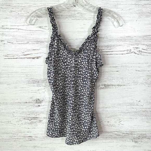 REBECCA TAYLOR 100% Silk Ditzy Floral Ruffle Tank Top XS Navy White Cottagecore - Picture 3 of 9